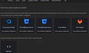 Tworzenie projektu w SonarQube: wybierz integrację z Azure DevOps, Bitbucket, GitHub, GitLab lub utwórz ręcznie. Umożliwia to statyczna analiza kodu.