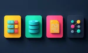 Ikony reprezentujące dane: lista, baza NoSQL, dokument i sieć.