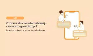 Dwie osoby rozmawiają przez telefon, symbolizując czat na żywo. Grafika ilustruje temat "Czat na stronie internetowej – czy warto go wdrożyć?".