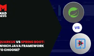 Porównanie Quarkus vs Spring Boot. Grafika przedstawia loga obu frameworków i dane dotyczące wydajności.