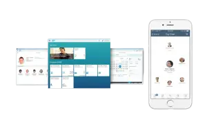 SAP HCM na ekranach: telefon z wykresem organizacyjnym, komputer z panelem pracownika i kalendarzem.