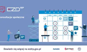 Grafika ilustruje konsultacje społeczne jako element rozwiązań dla administracji publicznej. Ludzie współpracują przy kalendarzu, planując działania.