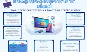 Grafika edukacyjna o bezpieczeństwie w sieci: zasady, zagrożenia, ochrona danych, reakcja na trudne sytuacje i pomoc. Pamiętaj o bezpieczeństwie w sieci!