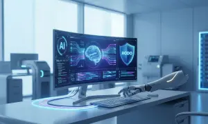 Cyberbezpieczeństwo w erze AI: robotowa ręka pisze kod, na ekranie mózg i tarcza RODO.