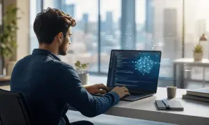 Młody junior .NET developer pracuje przy laptopie, kodując w nowoczesnym biurze z widokiem na miasto.