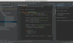 Kod w języku Java EE 8, który implementuje prosty kalkulator. Program prosi o podanie dwóch liczb i wybór działania (dodawanie), a następnie wyświetla wynik.