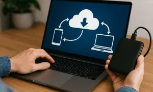 Ręce użytkownika obsługują laptop, na ekranie którego widnieje schemat chmury z ikonami telefonu i komputera, symbolizujący migrację danych.