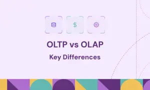Ikony symbolizujące dane, pieniądze i procesy. Tytuł "OLTP vs OLAP: Kluczowe Różnice" wyjaśnia kontekst.