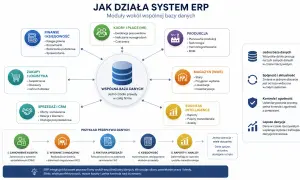 Schemat działania systemu ERP, pokazujący moduły (finanse, kadry, produkcja, magazyn, sprzedaż, zakupy, BI) i wspólną bazę danych.