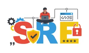 SRE engineer pracuje nad bezpieczeństwem i wydajnością systemów, symbolizowanymi przez koła zębate, tarczę i kłódkę.