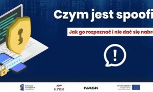 Czym jest spoofing? Grafika przedstawia laptop, telefon i tarczę z kluczem, symbolizujące bezpieczeństwo. Jak go rozpoznać i nie dać się nabrać?