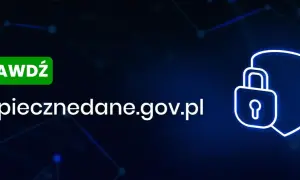 Sprawdź bezpieczeństwo danych na bezpiecznedane.gov.pl. Ikona kłódki i tarczy symbolizuje ochronę informacji.