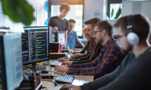 Zespół programistów pracuje nad oprogramowaniem business intelligence. Analiza danych i kodowanie na monitorach.