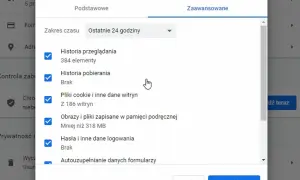 Okienko "Wyczyść dane przeglądania" w przeglądarce. Zaznaczone opcje: historia przeglądania, pliki cookie, obrazy i pliki podręczne, hasła. To może pomóc w walce z **hijackware co to** jest.