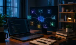Na biurku nocą, obok laptopa z kodem, monitor wyświetla schemat mózgu połączony z ikonami: kod, chmura, baza danych, wykres, bezpieczeństwo, procesy. Wybór między java czy python?