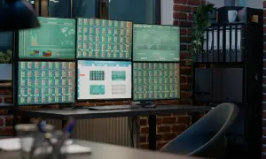 Biuro z wieloma monitorami wyświetlającymi dane finansowe i wykresy. Widać na nich wskaźniki zagrożeń (indicators of compromise) w postaci nietypowych wartości.