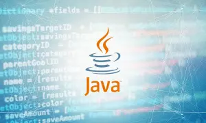 Logo Java na tle kodu i sieci neuronowych. Nowoczesne technologie programowania w Java 8.