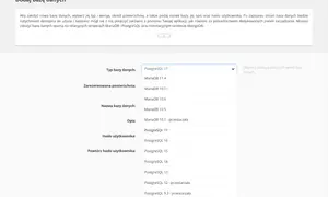Dodawanie bazy danych. Wybierasz typ, np. PostgreSQL, wersję i konfigurujesz.