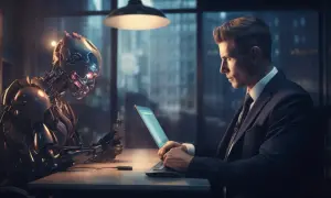 Mężczyzna w garniturze pracuje przy laptopie, obok niego siedzi zaawansowany robot. Czy to przyszłość programowania w java 18?