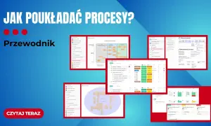 Grafika prezentuje narzędzia do wizualizacji i zarządzania procesami. Widoczne są diagramy, listy zadań i wskaźniki KPI, które pomagają w efektywnym systemie zarządzania.