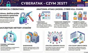 Grafika wyjaśnia, czym jest cyberatak, jego anatomię i najczęstsze metody, takie jak phishing, ransomware, DDoS i atak siłowy.