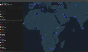 Interfejs NordVPN pokazuje mapę świata z zaznaczonymi serwerami. Po lewej stronie lista krajów, np. Albania, Algieria. To pokazuje, nordvpn co to.