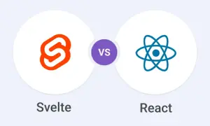 Porównanie Svelte vs React: ikony obu technologii webowych obok siebie, z napisem "VS" pośrodku.