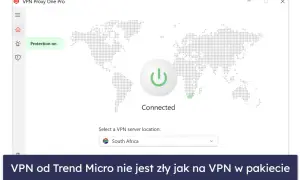 Interfejs VPN od Trend Micro z mapą świata, przyciskiem połączenia i zaznaczonym serwerem w RPA.