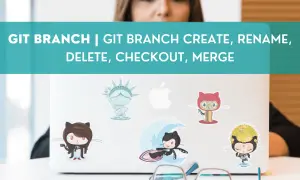 Osoba pracuje przy laptopie ozdobionym naklejkami z kotami i Statuą Wolności. Tekst na górze informuje o tym, jak git branch create i zarządzać gałęziami.
