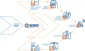 Schemat pokazuje, jak system ERP integruje się z WMS, usprawniając procesy logistyczne: od przyjęcia towarów, przez obsługę terminali, składowanie, kompletację, transport wewnętrzny, aż po obsługę procesów specjalnych i automatyki.