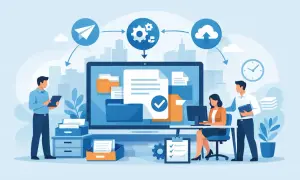 Zespół pracuje nad usprawnieniem **contract lifecycle management**. Grafika przedstawia ludzi, dokumenty, komputer i chmurę, symbolizując cyfrowy obieg umów.