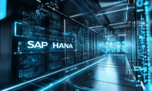 Wirtualny korytarz serwerowni z neonowym napisem SAP HANA, symbolizującym potęgę SAP BTP w cyfrowym świecie.