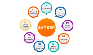 Schemat modułów systemu SAP ERP: FI, CO, AM, PS, WF, IS, HR, PM, QM.