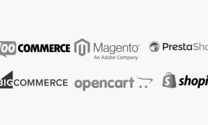 Loga platform e-commerce: WooCommerce, Magento, PrestaShop, BigCommerce, OpenCart, Shopify.