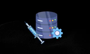 Ilustracja przedstawia strzykawkę obok bazy danych i koła zębatego, symbolizując zagrożenia związane z sql injection.