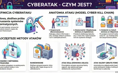 Grafika wyjaśnia, czym jest cyberatak, jego anatomię i najczęstsze metody, takie jak phishing, ransomware, DDoS i atak siłowy.