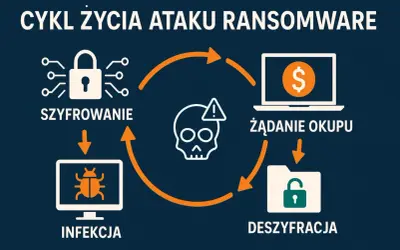 Cykl życia ataku ransomware: szyfrowanie, infekcja, żądanie okupu, deszyfracja. Zrozumienie tego cyklu jest kluczowe w walce z atakami ransomware w Polsce.