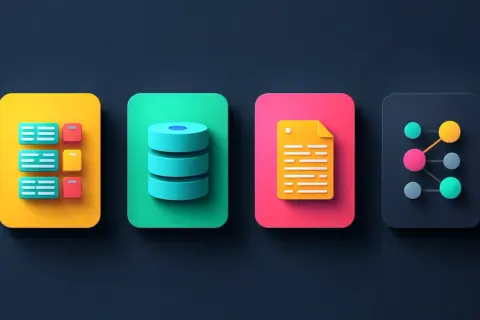 Ikony reprezentujące dane: lista, baza NoSQL, dokument i sieć.