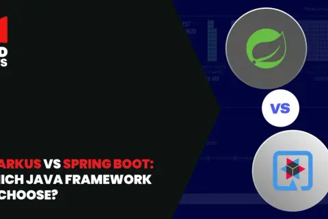 Porównanie Quarkus vs Spring Boot. Grafika przedstawia loga obu frameworków i dane dotyczące wydajności.
