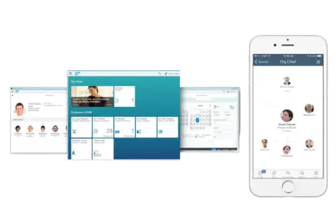 SAP HCM na ekranach: telefon z wykresem organizacyjnym, komputer z panelem pracownika i kalendarzem.