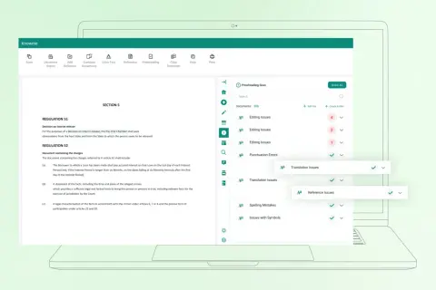 Interfejs programu do zarządzania bazami danych, pokazujący listę dokumentów i wykrytych błędów, takich jak literówki czy problemy z tłumaczeniem.