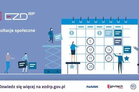 Grafika ilustruje konsultacje społeczne jako element rozwiązań dla administracji publicznej. Ludzie współpracują przy kalendarzu, planując działania.