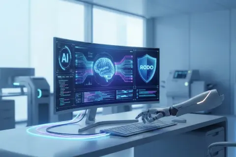 Cyberbezpieczeństwo w erze AI: robotowa ręka pisze kod, na ekranie mózg i tarcza RODO.