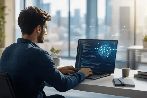 Młody junior .NET developer pracuje przy laptopie, kodując w nowoczesnym biurze z widokiem na miasto.