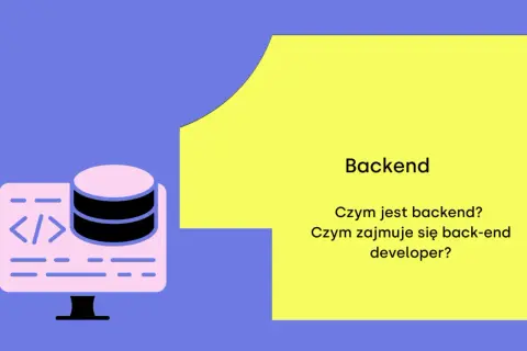 Ilustracja przedstawia ikonę komputera z bazą danych i kodem, symbolizującą backend development. Obok tekst: "Backend. Czym jest backend? Czym zajmuje się back-end developer?".