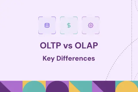 Ikony symbolizujące dane, pieniądze i procesy. Tytuł "OLTP vs OLAP: Kluczowe Różnice" wyjaśnia kontekst.