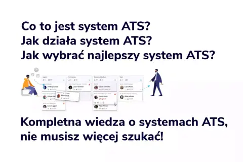 System ATS to narzędzie do zarządzania rekrutacją. Grafika pokazuje etapy procesu, od aplikacji po zatrudnienie.