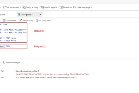 Kod SQL z transakcją, która próbuje wycofać zmiany bez ich rozpoczęcia. To przykład, jak nie używać common table expression.