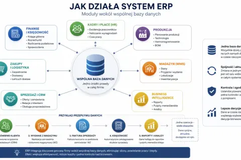 Schemat działania systemu ERP, pokazujący moduły (finanse, kadry, produkcja, magazyn, sprzedaż, zakupy, BI) i wspólną bazę danych.