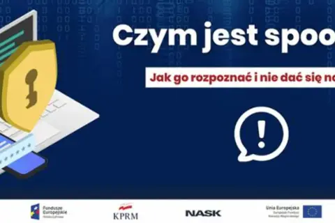 Czym jest spoofing? Grafika przedstawia laptop, telefon i tarczę z kluczem, symbolizujące bezpieczeństwo. Jak go rozpoznać i nie dać się nabrać?